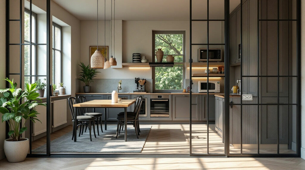 Photographie d’une verrière intérieure en acier noir, type atelier, installée dans une maison. La verrière sépare une cuisine familiale d’un salon ou d’une salle à manger. L’environnement est chaleureux, habité, avec des éléments de vie quotidienne visibles (table, plantes, objets courants), mais bien rangé. Lumière naturelle traversant la verrière.
