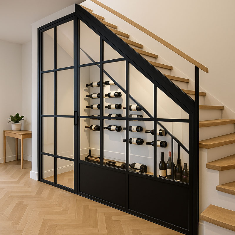 Verrière sous escalier transformée en cave à vin