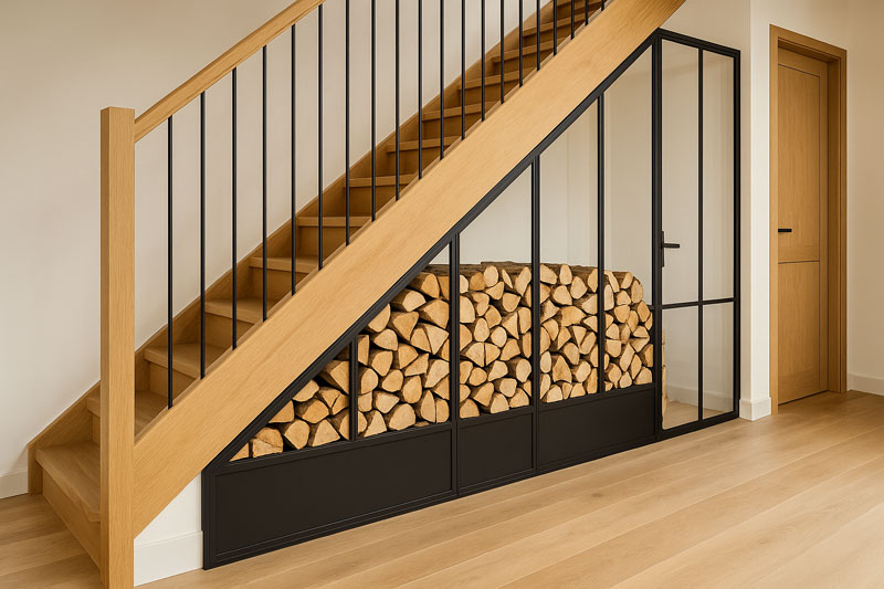 Verrière sous escalier permettant le stockage du bois