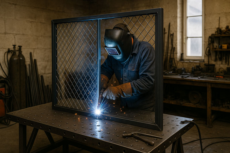 Soudeur professionnel travaillant sur une structure de verrière en acier dans l’atelier AB Verrière à Vertou.