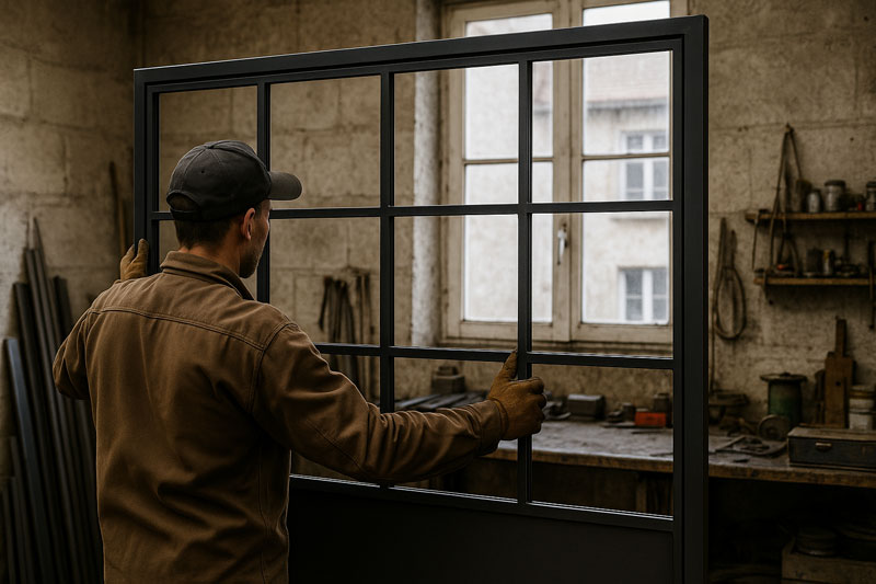 Artisan installant une verrière en acier sur mesure dans un atelier de fabrication à Vertou, Loire-Atlantique.