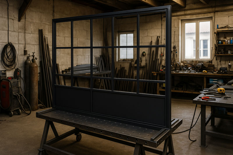 Verrière en acier noir en cours d’assemblage sur un établi dans l’atelier AB Verrière à Vertou, près de Nantes.