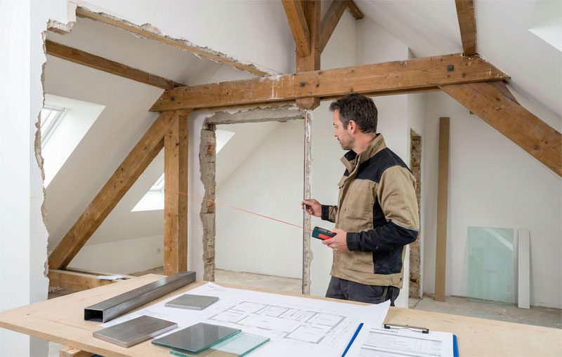 Un artisan utilise un télémètre laser dans des combles avec poutres apparentes pour préparer la pose d'une verrière. Au premier plan, une table de travail présente des plans techniques, des échantillons de vitrage et un dossier de devis pour un projet de mezzanine sur mesure.