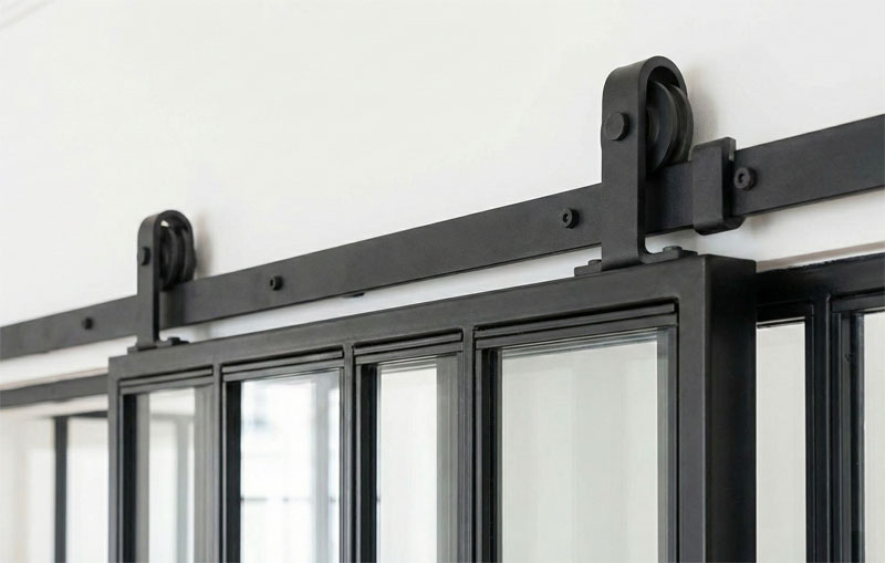Détail du système de roulettes et rail pour porte coulissante de verrière