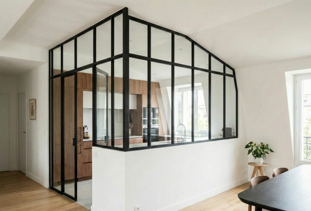 Verrière d'angle en métal noir posée sur un muret blanc, séparant une cuisine avec un îlot central et une personne, d'un salon avec un canapé beige.