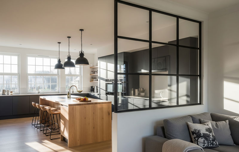 Verrière d'intérieur en acier noir de style industriel séparant une cuisine lumineuse d'un salon chaleureux, favorisant la circulation de la lumière naturelle.