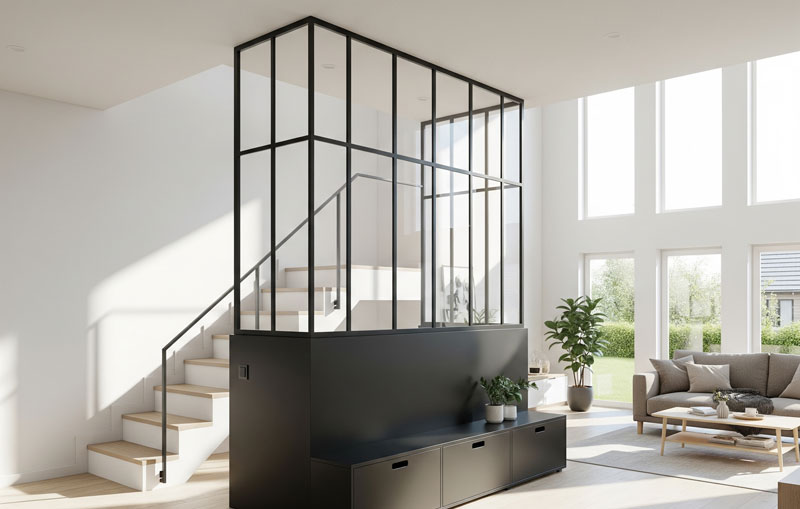Une verrière de mezzanine au style industriel avec un soubassement en métal noir et des parois vitrées. Cette installation sécurisée permet de cacher discrètement des meubles de rangement en partie basse tout en conservant la luminosité et une vue dégagée sur le reste de la pièce.