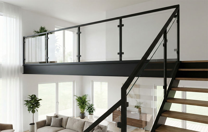 Garde-corps vitré pour mezzanine avec un cadre élégant en métal noir dans un intérieur moderne et lumineux. La structure transparente sécurise le vide au-dessus du salon tout en laissant circuler la lumière, avec un escalier en bois et métal visible sur la droite.
